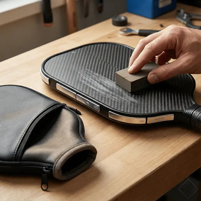 Pickleball paddle maintenance accessories featuring carbon fiber cleaning blocks, protective covers, and edge tapes for retail and private label.