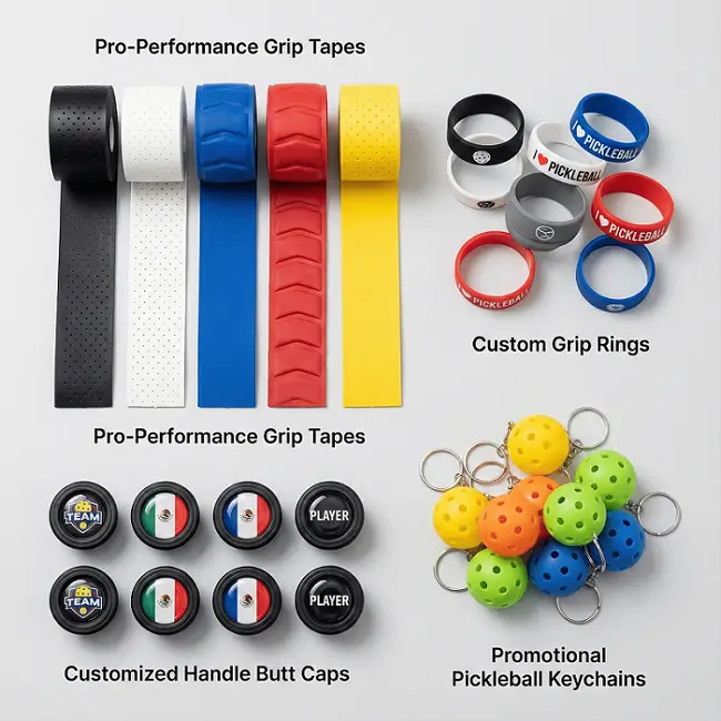 Customized pickleball accessories including overgrips, grip rings, and logo butt caps for wholesale brand orders and club supplies.