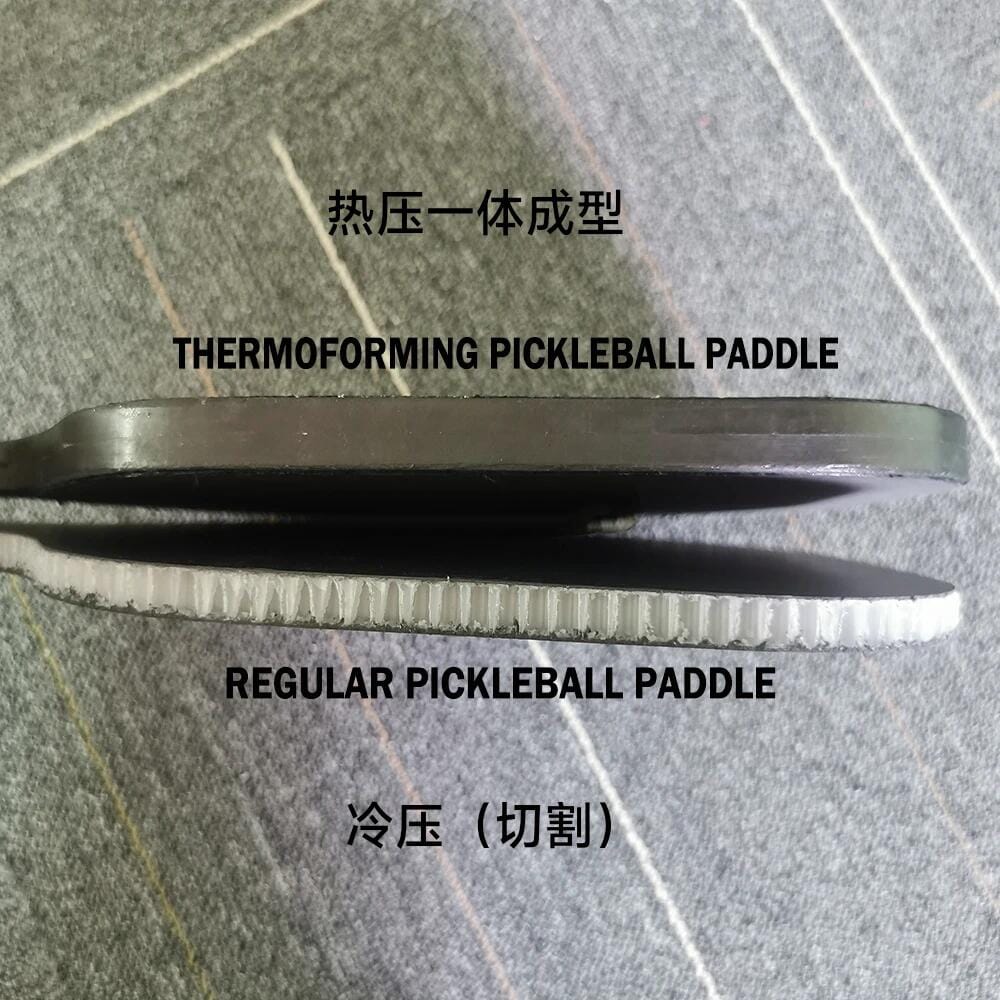 Thermoformed vs cold press pickleball paddle side view comparison showing edge construction difference