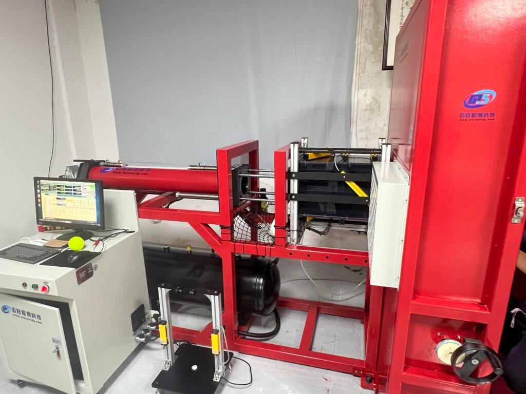 PBCOR testing machine measuring pickleball paddle rebound spin and ball speed at Apexon Sport QC lab