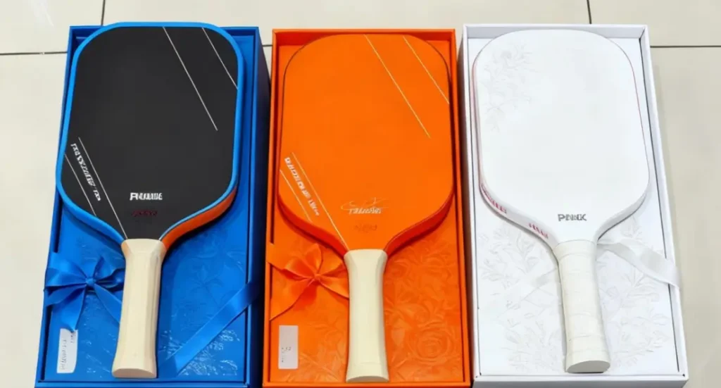 Personalized pickleball paddle showing the crisp detail of custom branding against a fine-weave carbon fiber texture.